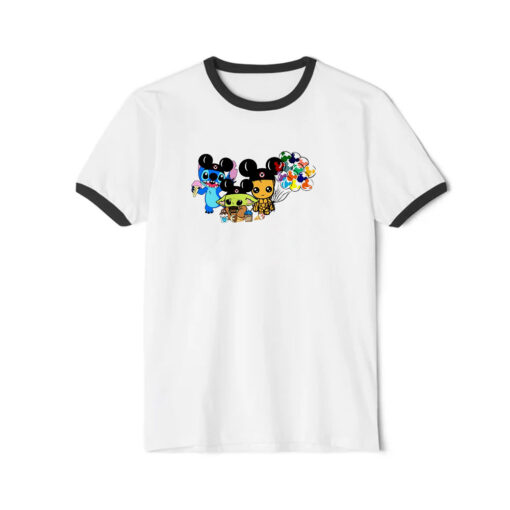 Baby Yoda Baby Groot Stitch Ballon Mickey Disney Ringer Black Tee