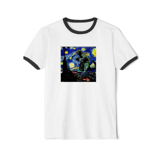Godzilla Starry Night Van Gogh Ringer Black Tee