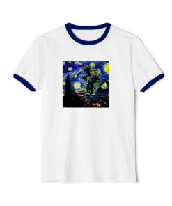 Godzilla Starry Night Van Gogh Ringer Navy Tee
