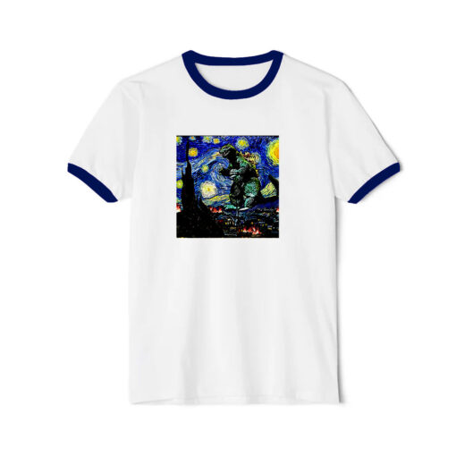 Godzilla Starry Night Van Gogh Ringer Navy Tee