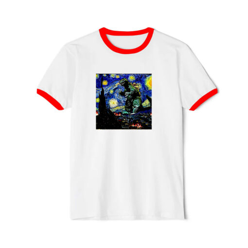 Godzilla Starry Night Van Gogh Ringer Red Tee