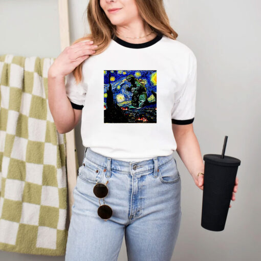 Godzilla Starry Night Van Gogh Ringer Tee
