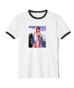 Pinup Girl Graphic Bikini Babe In One Piece Ringer Black Tee