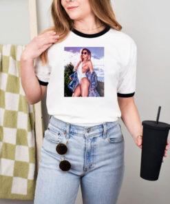 Pinup Girl Graphic Bikini Babe In One Piece Ringer Tee